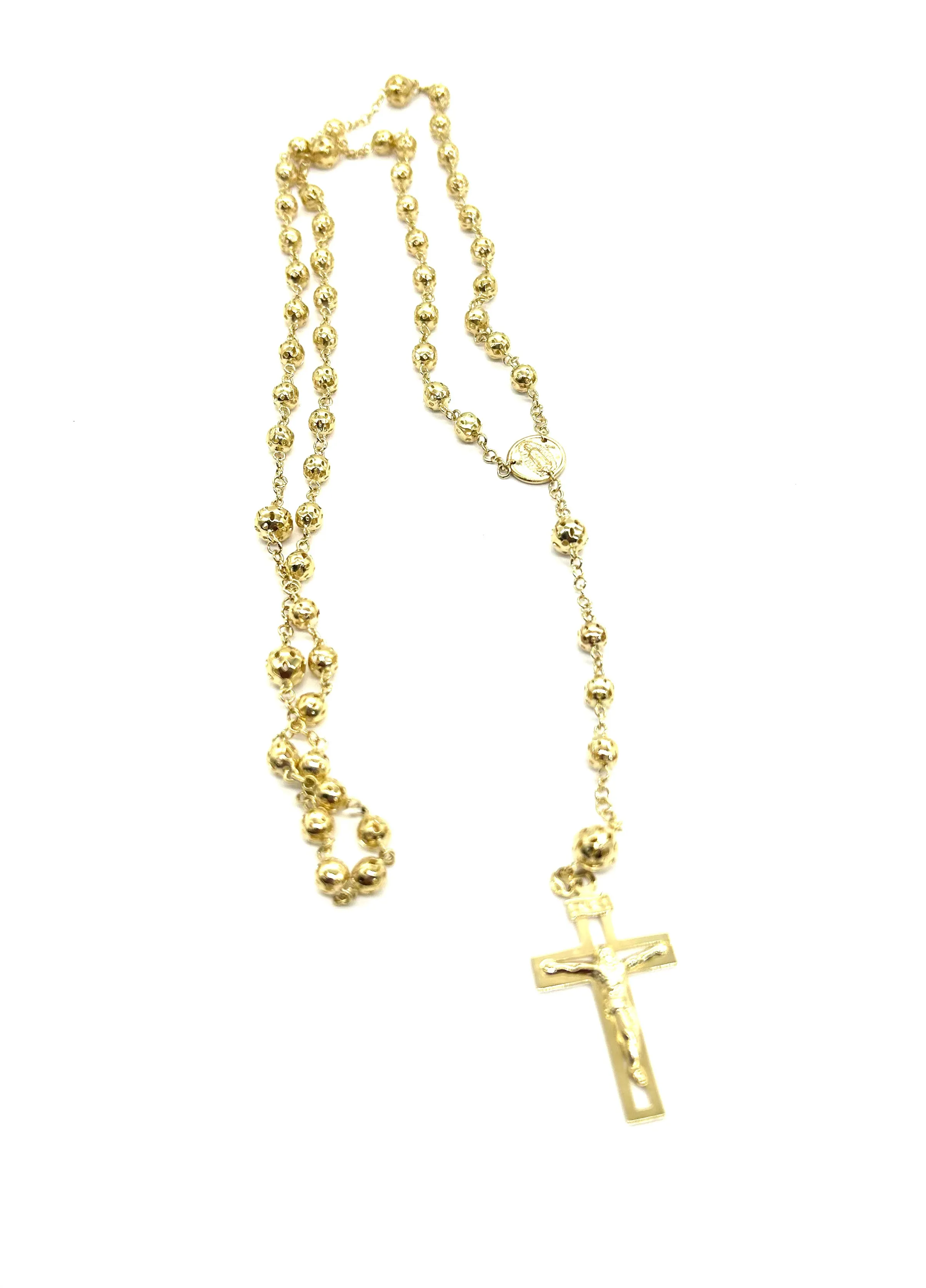 14K Gold Cutout Beaded Rosary Necklace
