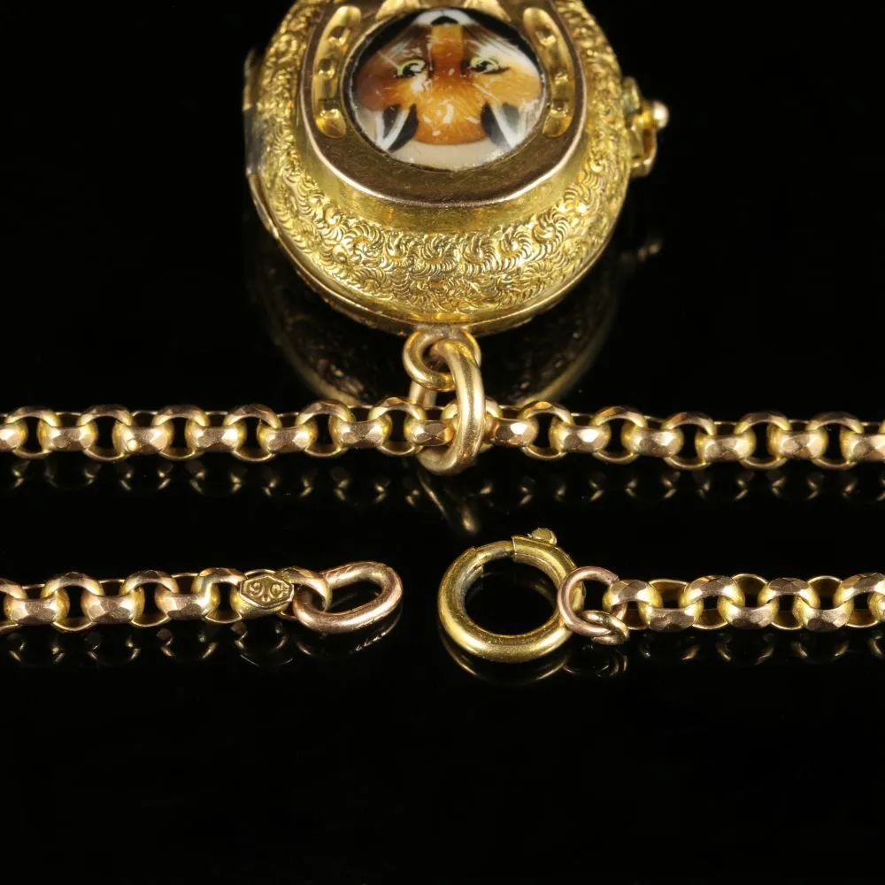 Antique Victorian Fox Hunting Necklace Gold Locket And Chain Circa 1900