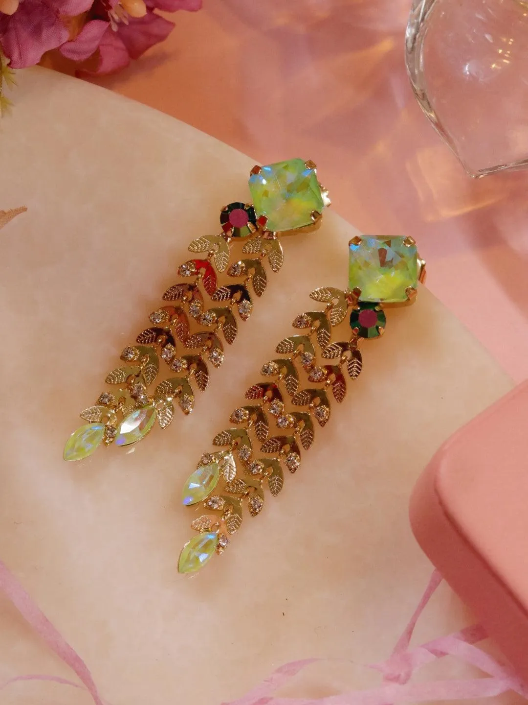 Crystal Double Trail Earrings Green
