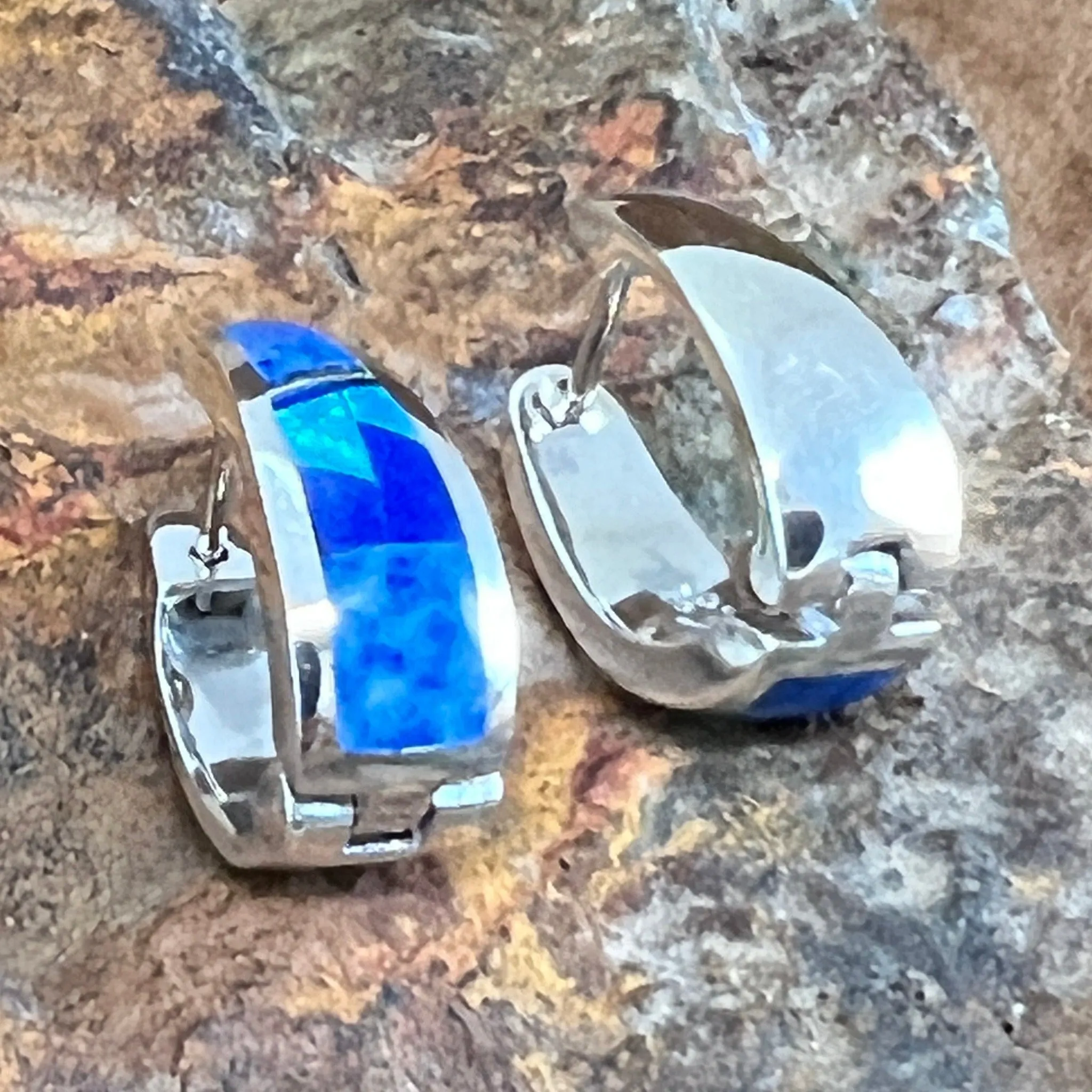David Rosales Blue Sky Fancy Inlaid Sterling Silver Earrings Huggies