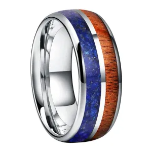 Koa Wood & Lapis Lazuli Silver Tungsten Ring (8mm)