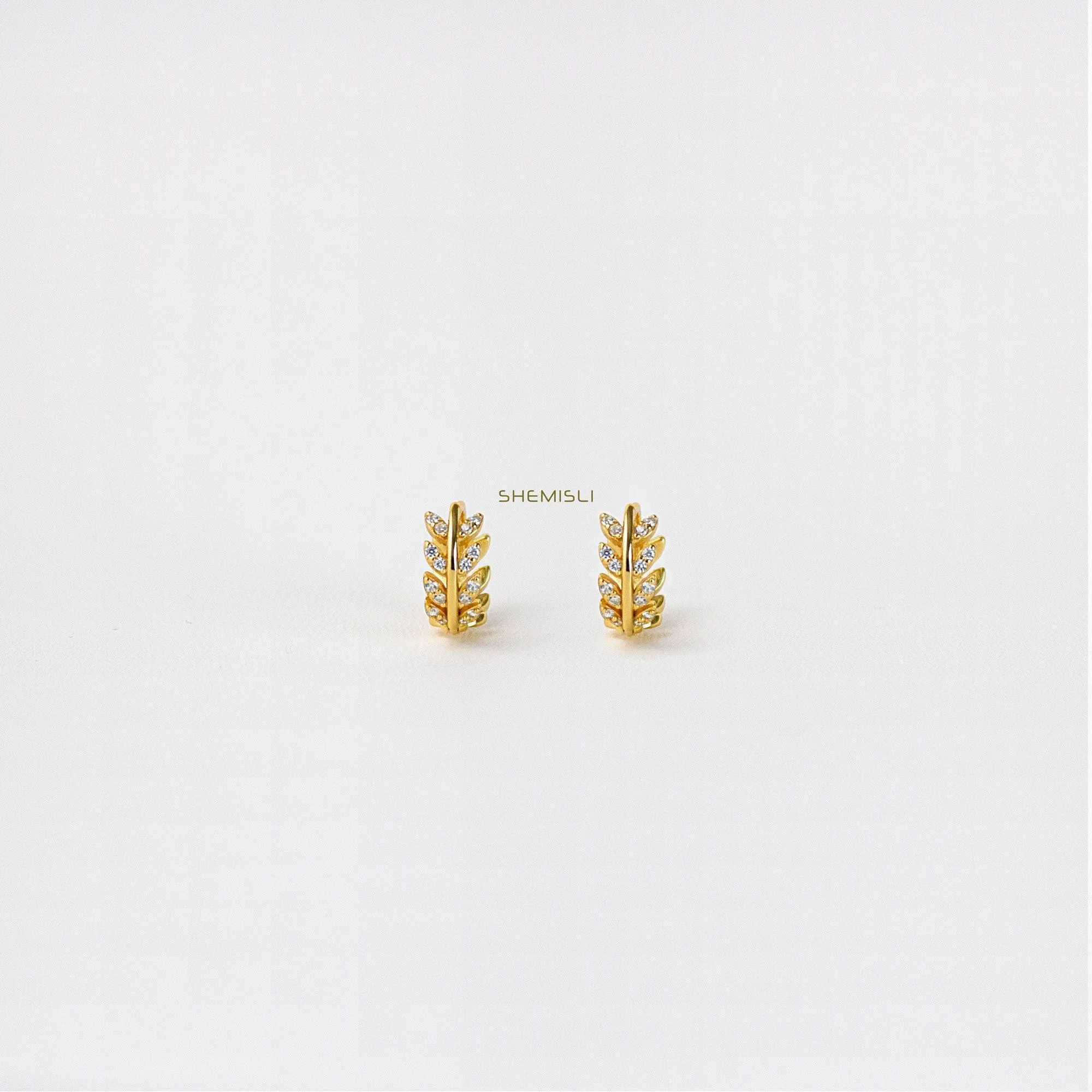 Leaf CZ Hoop Earrings, Olive Leaf Huggies, Gold, Silver SHEMISLI - SH104
