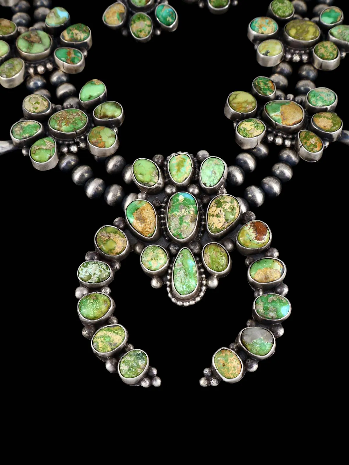 Native American Sonoran Gold Sterling Silver Squash Blossom Necklace Set