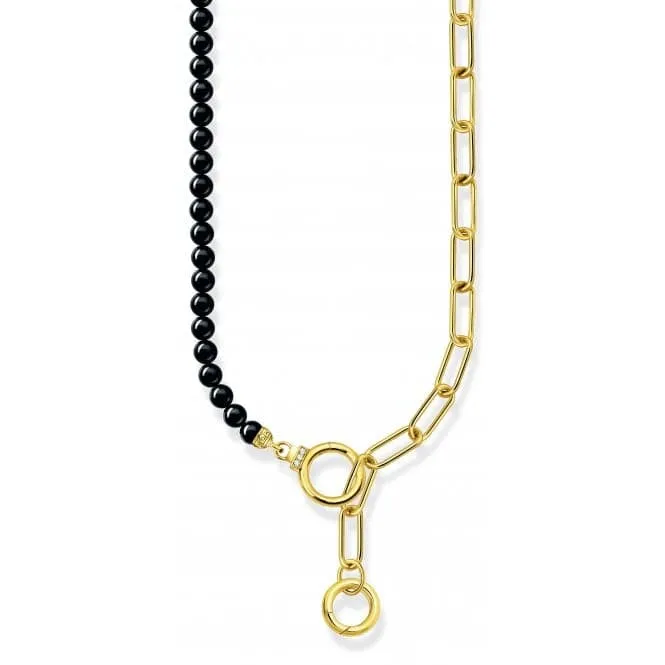 Sterling Silver Gold Plated Onyx Beads Zirconia Necklace KE2193-177-11-L47V